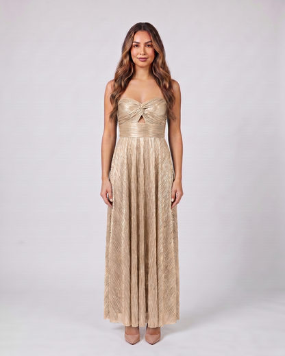 champagne strapless twist front keyhole maxi dress front view with vertical pleats
