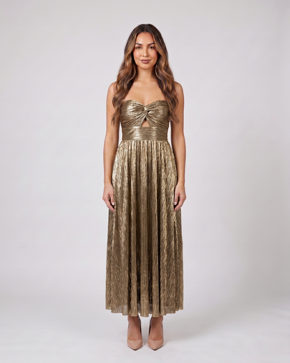 gold strapless twist front keyhole maxi dress front view with vertical pleats