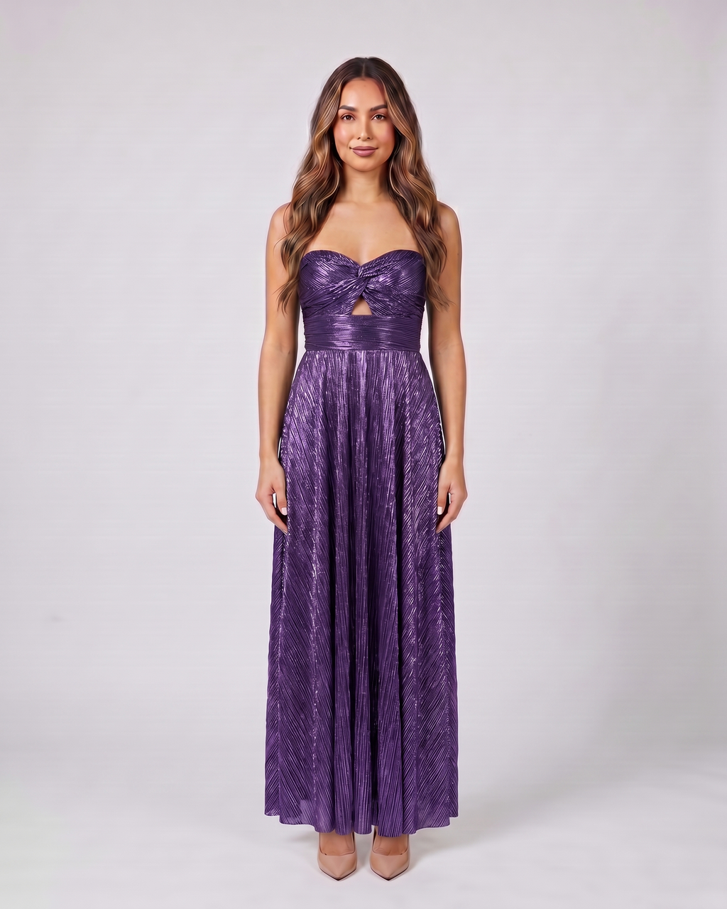 violet strapless twist front keyhole maxi dress front view with vertical pleats
