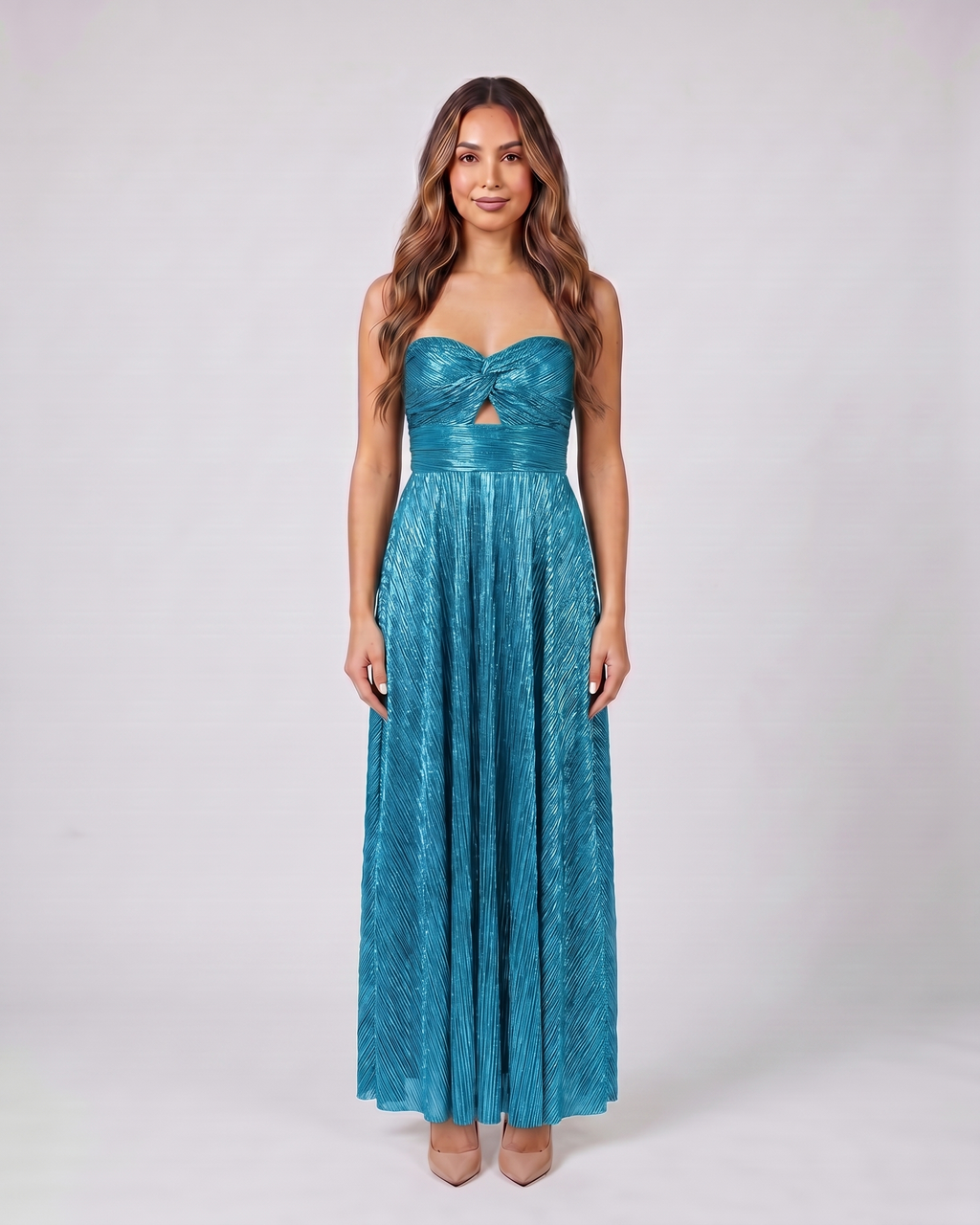 cyan strapless twist front keyhole maxi dress front view with vertical pleats