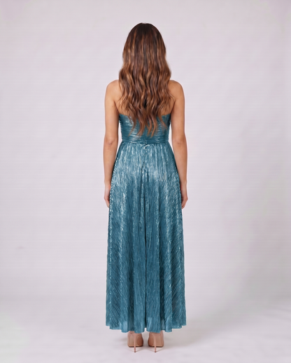 Back view of cyan strapless twist front keyhole maxi dress showing solid back