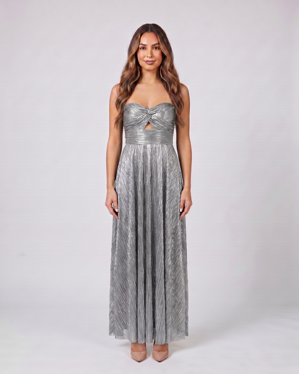 silver strapless twist front keyhole maxi dress front view with vertical pleats