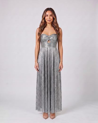 silver strapless twist front keyhole maxi dress front view with vertical pleats