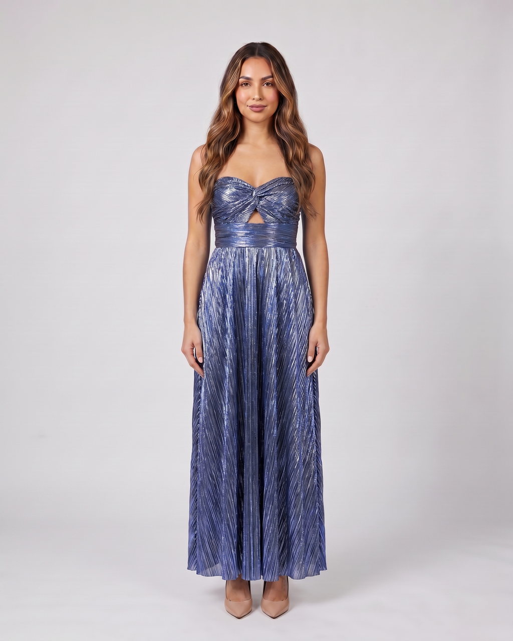 blue strapless twist front keyhole maxi dress front view with vertical pleats