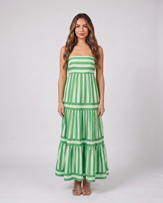 green striped spaghetti strap maxi dress front view with vertical stripes and horizontal stripes