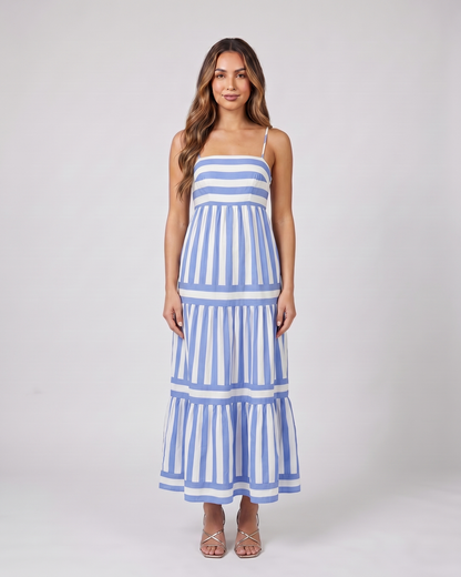 blue striped spaghetti strap maxi dress front view with vertical stripes and horizontal stripes