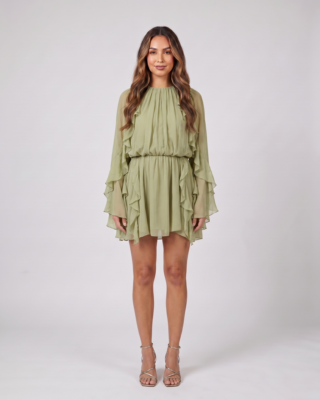 olive summer long sleeve ruffle mini dress front view