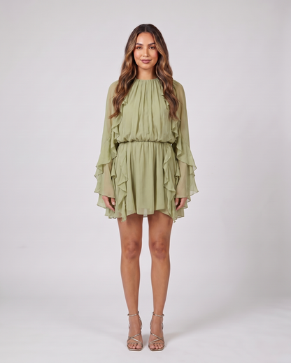 olive summer long sleeve ruffle mini dress front view