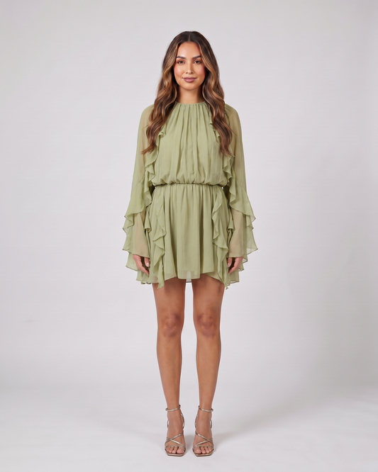 olive summer long sleeve ruffle mini dress front view