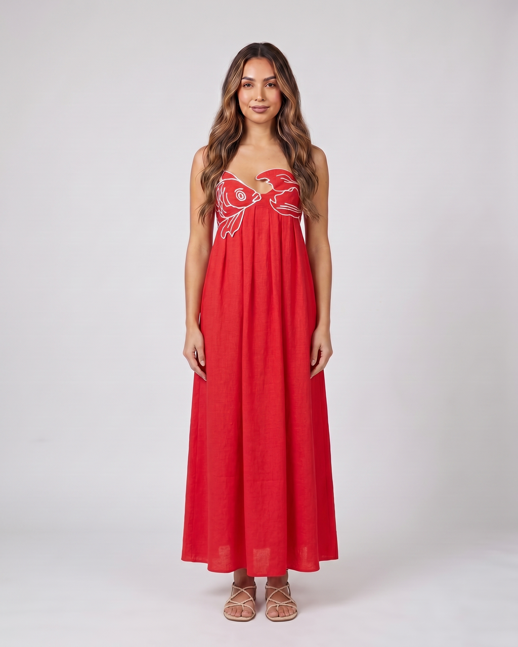 red sweetheart fish print maxi dress front view with fish and scallop scales