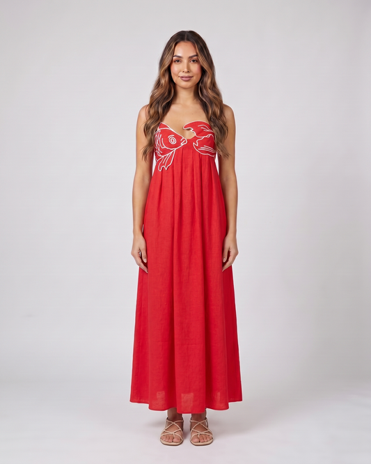 red sweetheart fish print maxi dress front view with fish and scallop scales