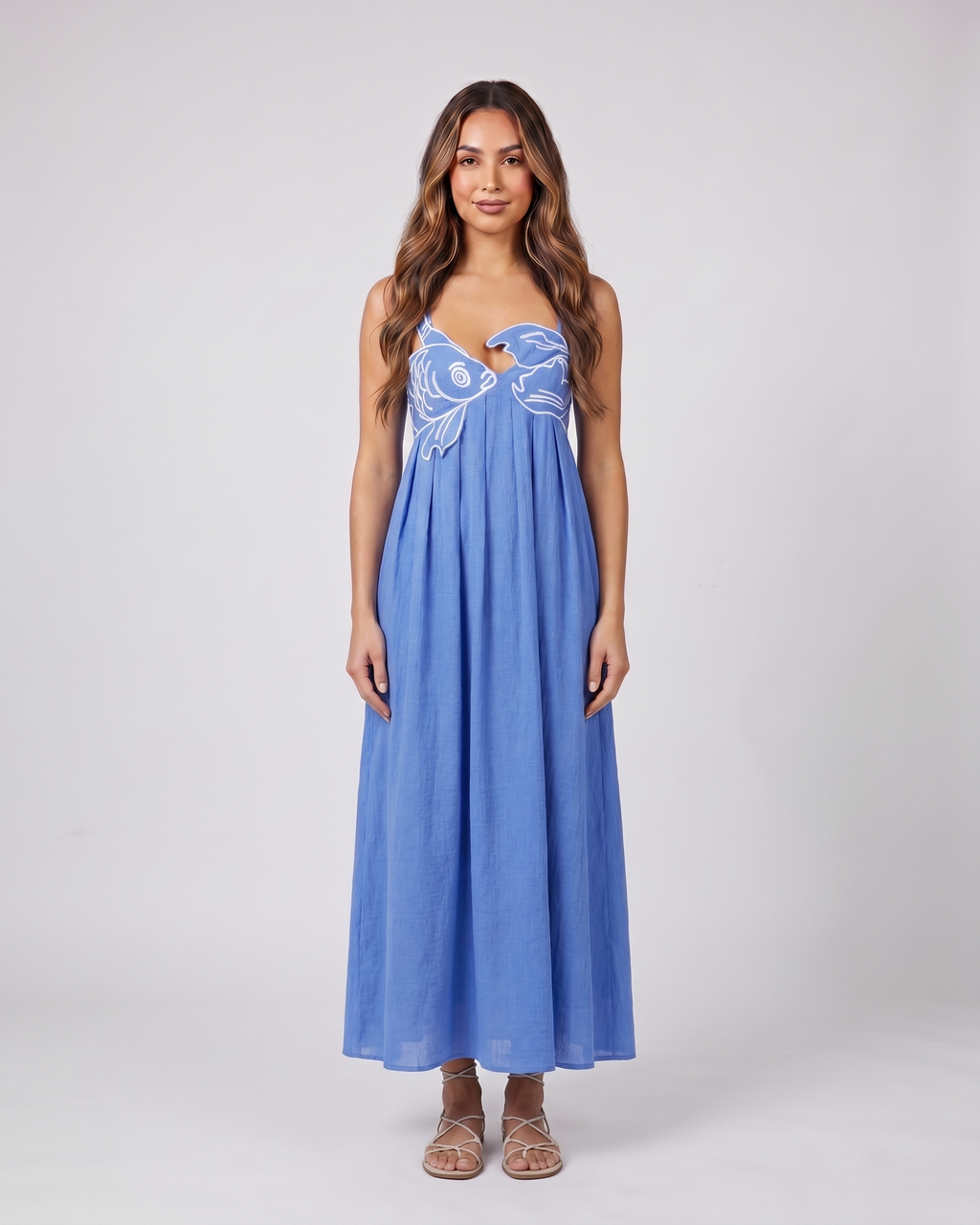 blue sweetheart fish print maxi dress front view with fish and scallop scales