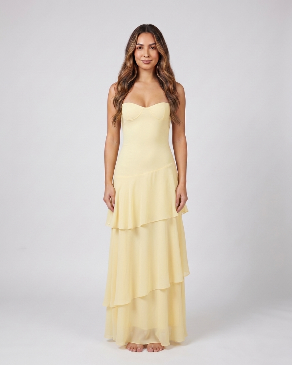 yellow sweetheart spaghetti strap tiered maxi dress front view
