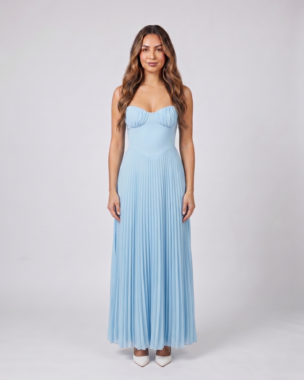 sky blue sweetheart strapless pleated maxi dress front view