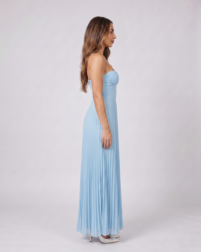 Side view of sky blue sweetheart strapless pleated maxi dress
