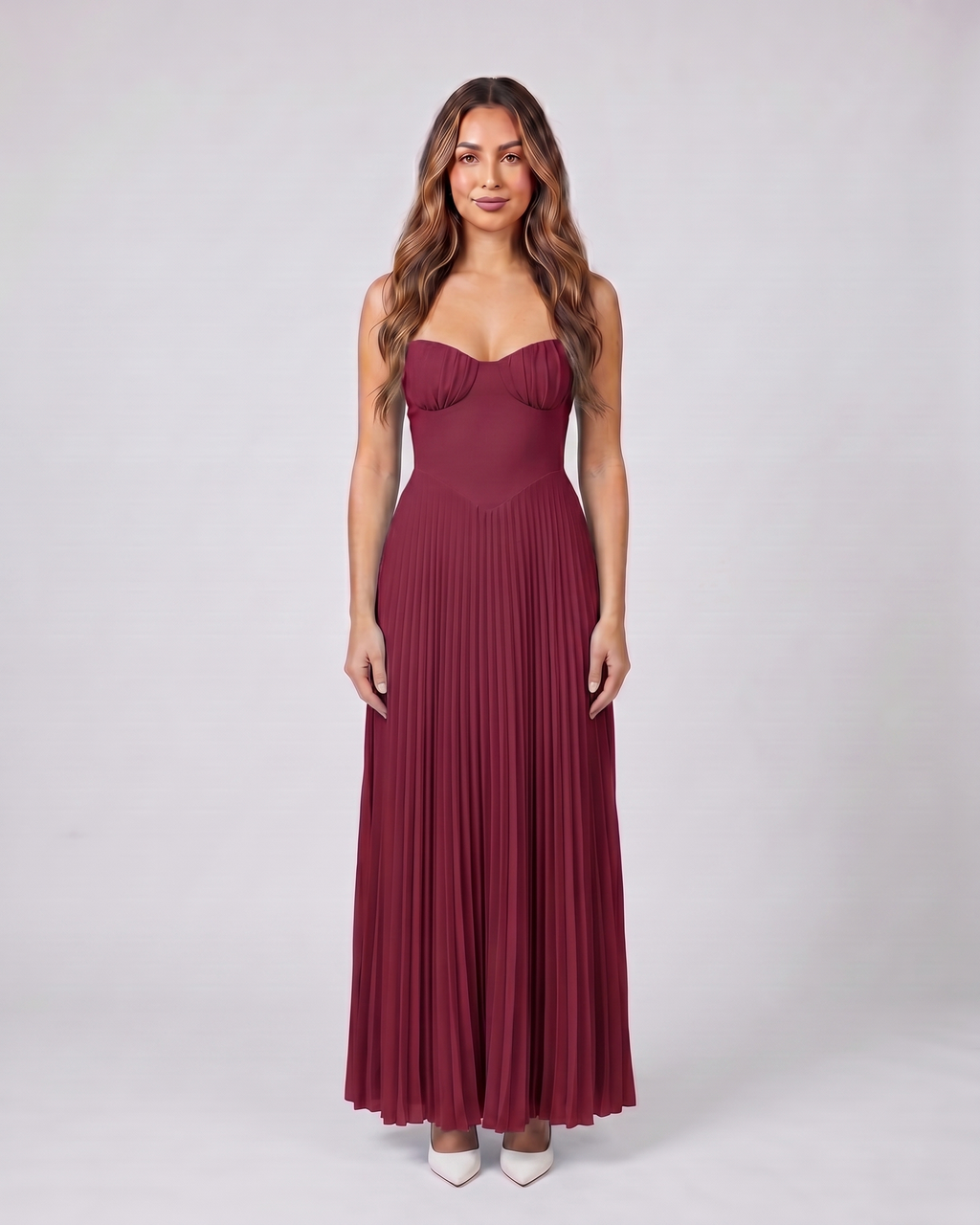 claret sweetheart strapless pleated maxi dress front view