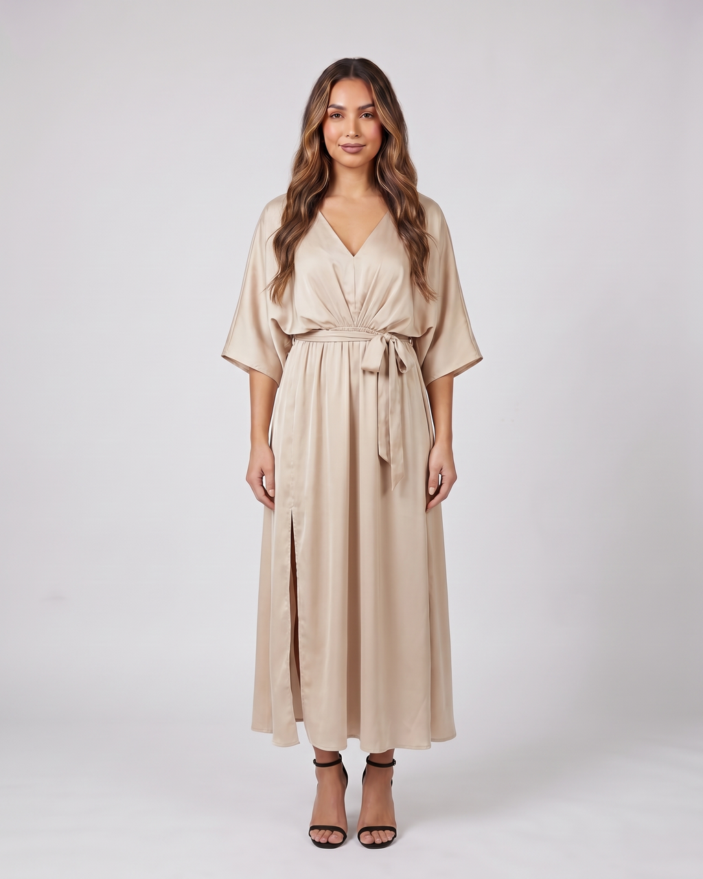 champagne v neck batwing sleeve maxi dress front view