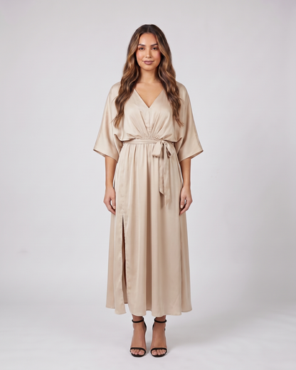 champagne v neck batwing sleeve maxi dress front view
