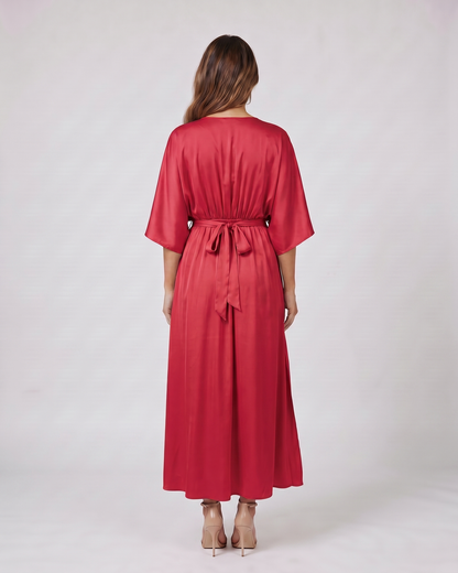 Back view of red v neck batwing sleeve maxi dress showing solid back