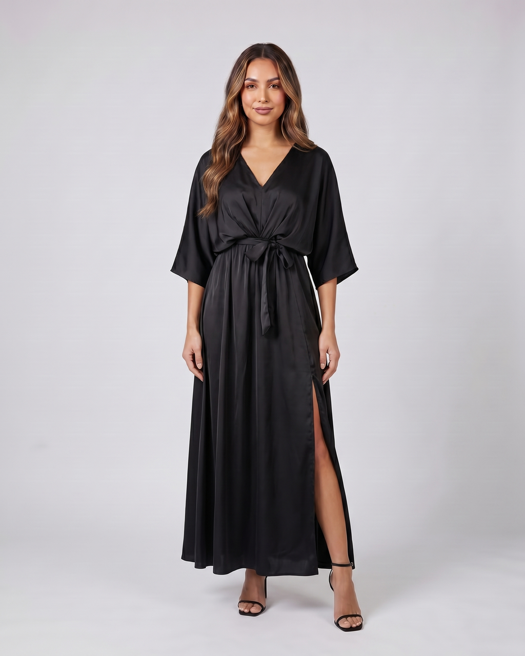 black v neck batwing sleeve maxi dress front view