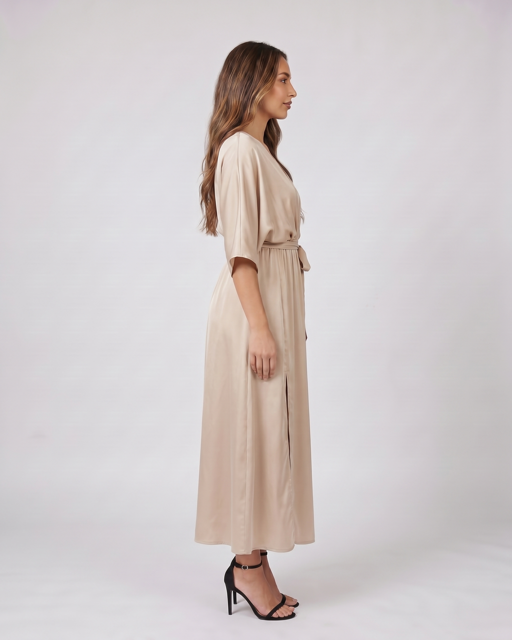 Side view of champagne v neck batwing sleeve maxi dress