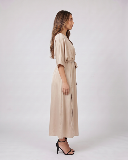Side view of champagne v neck batwing sleeve maxi dress