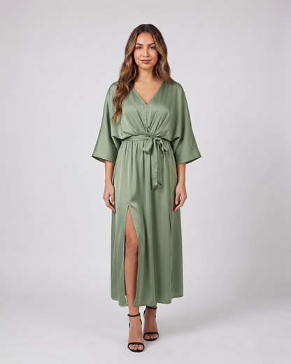 green v neck batwing sleeve maxi dress front view