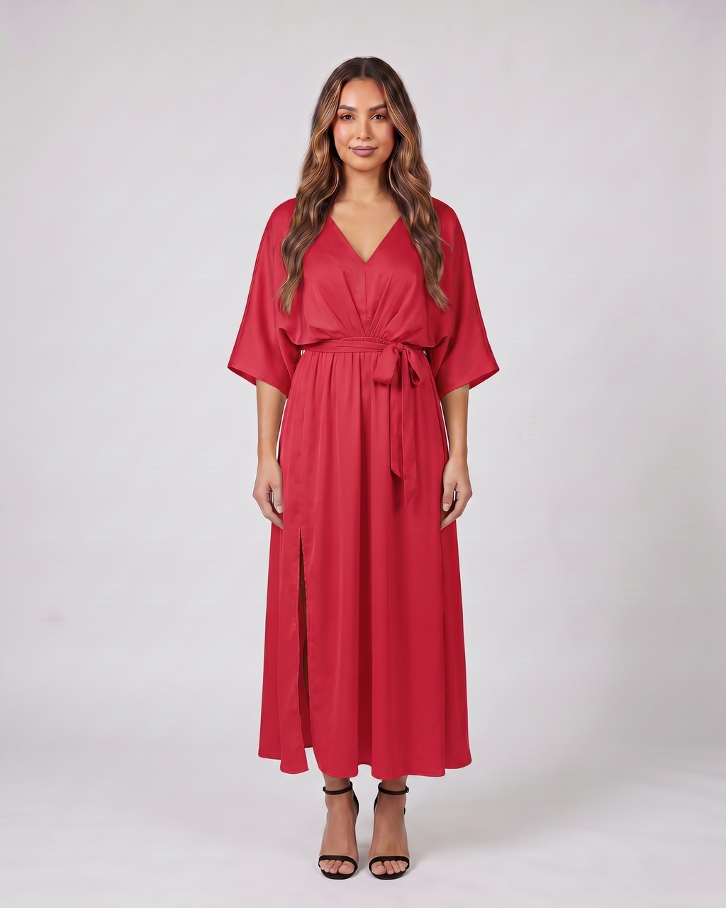red v neck batwing sleeve maxi dress front view