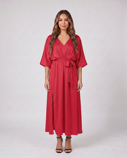 red v neck batwing sleeve maxi dress front view
