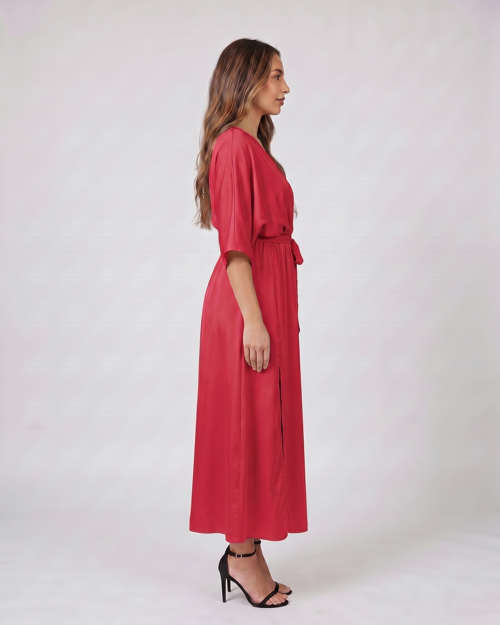 Side view of red v neck batwing sleeve maxi dress