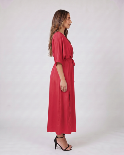 Side view of red v neck batwing sleeve maxi dress
