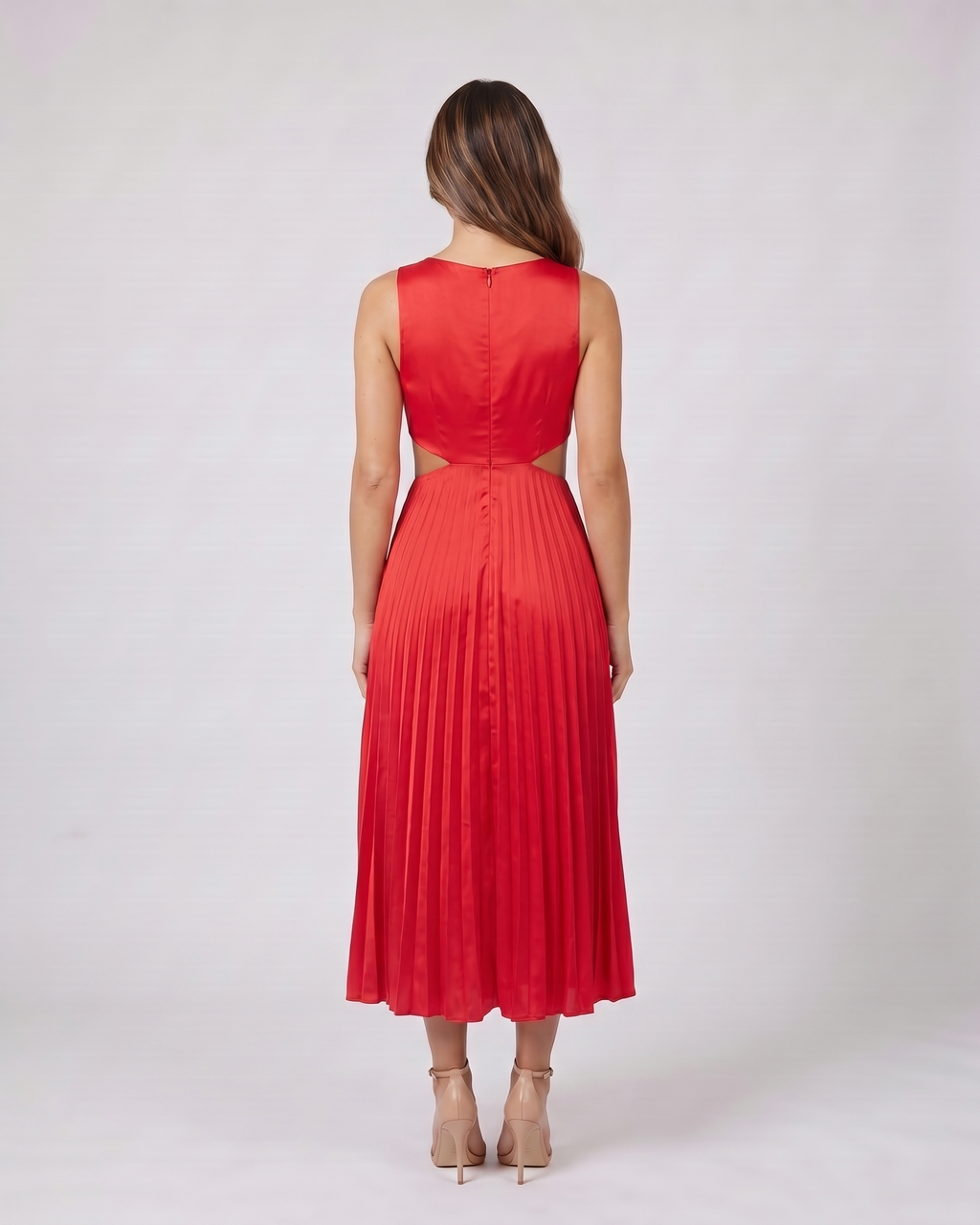 Back view of red v neck cutout pleated midi dress showing solid back with concealed zipper closure (inferred due to lack of back view and specific 'open back' hint, 'open-panel detail' refers to waist open-panel detail)