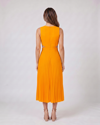 Back view of orange v neck cutout pleated midi dress showing solid back with concealed zipper closure (inferred due to lack of back view and specific 'open back' hint, 'open-panel detail' refers to waist open-panel detail)