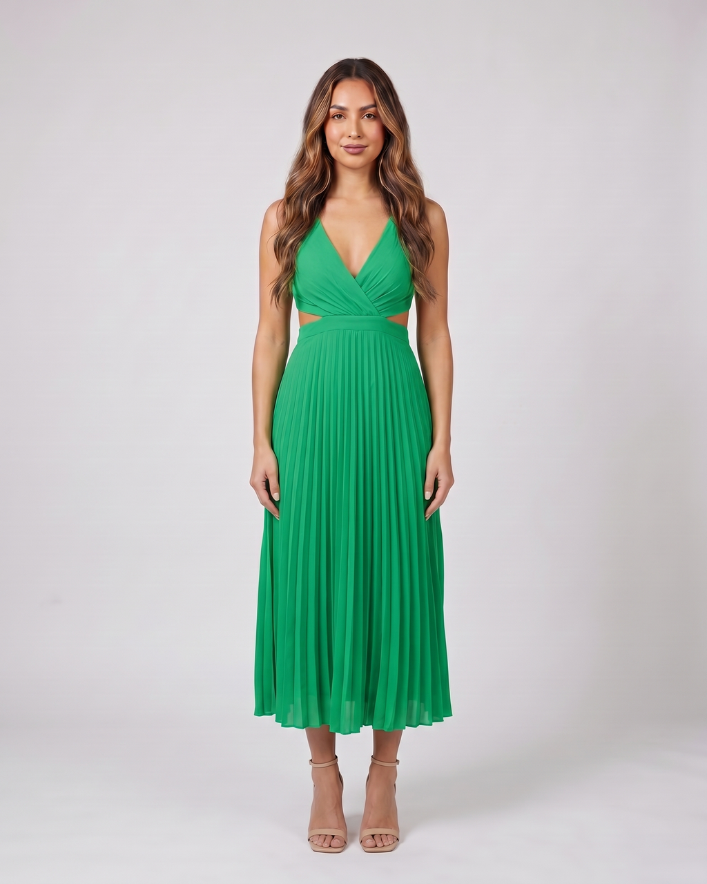 green v neck cutout pleated midi dress front view