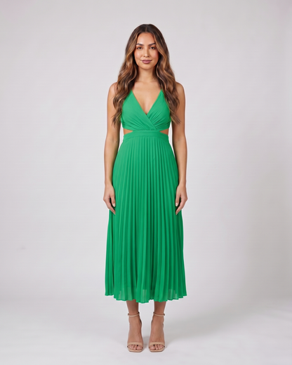 green v neck cutout pleated midi dress front view