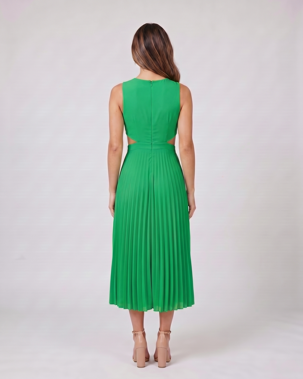 Back view of green v neck cutout pleated midi dress showing solid back with concealed zipper closure (inferred due to lack of back view and specific 'open back' hint, 'open-panel detail' refers to waist open-panel detail)