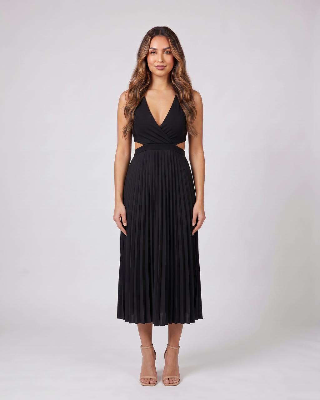 black v neck cutout pleated midi dress front view