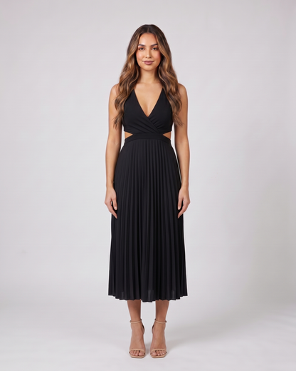 black v neck cutout pleated midi dress front view