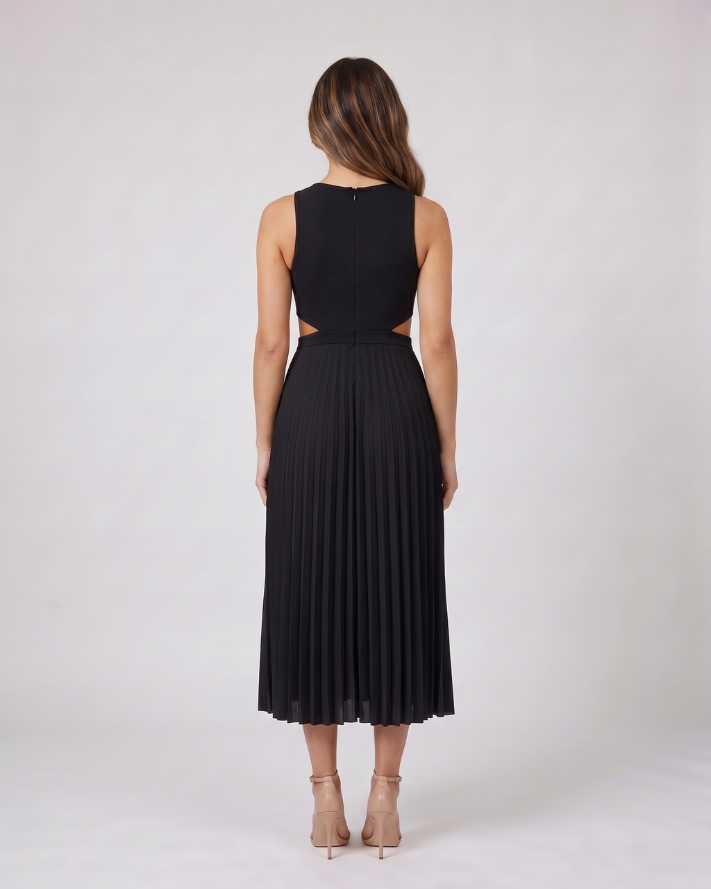 Back view of black v neck cutout pleated midi dress showing solid back with concealed zipper closure (inferred due to lack of back view and specific 'open back' hint, 'open-panel detail' refers to waist open-panel detail)