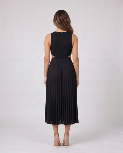 Back view of black v neck cutout pleated midi dress showing solid back with concealed zipper closure (inferred due to lack of back view and specific 'open back' hint, 'open-panel detail' refers to waist open-panel detail)