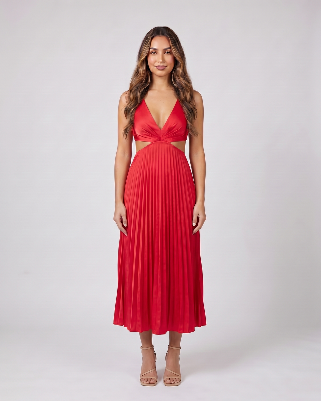 red v neck cutout pleated midi dress front view