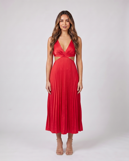 red v neck cutout pleated midi dress front view