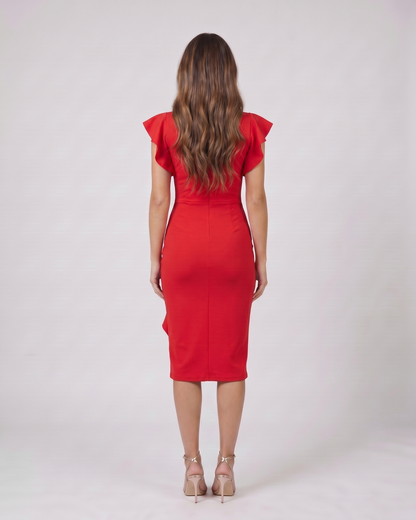 Back view of red v neck flutter sleeve ruched midi dress showing solid back