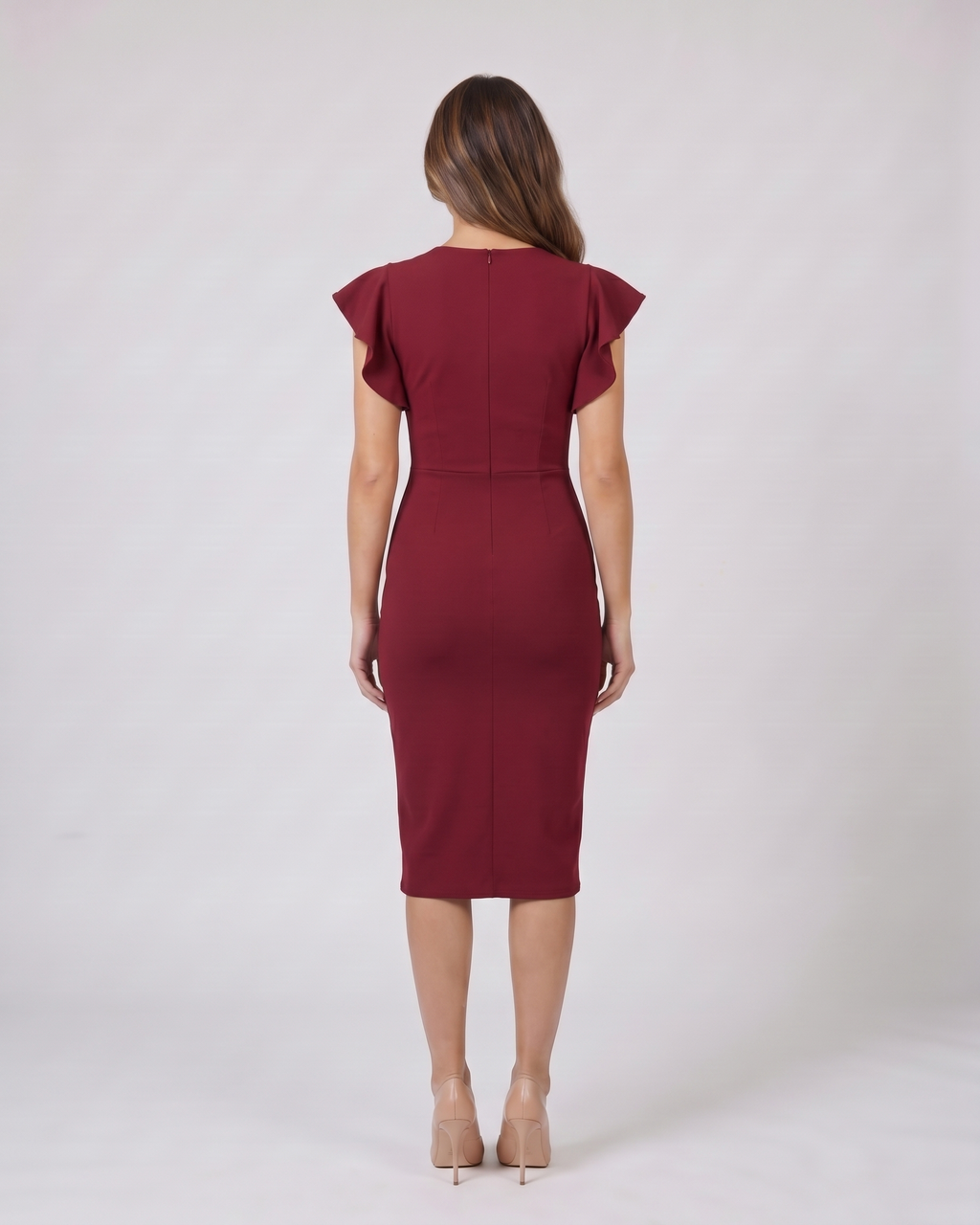 Back view of burgundy v neck flutter sleeve ruched midi dress showing solid back