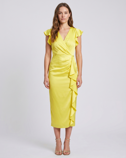 yellow v neck flutter sleeve ruched midi dress front view
