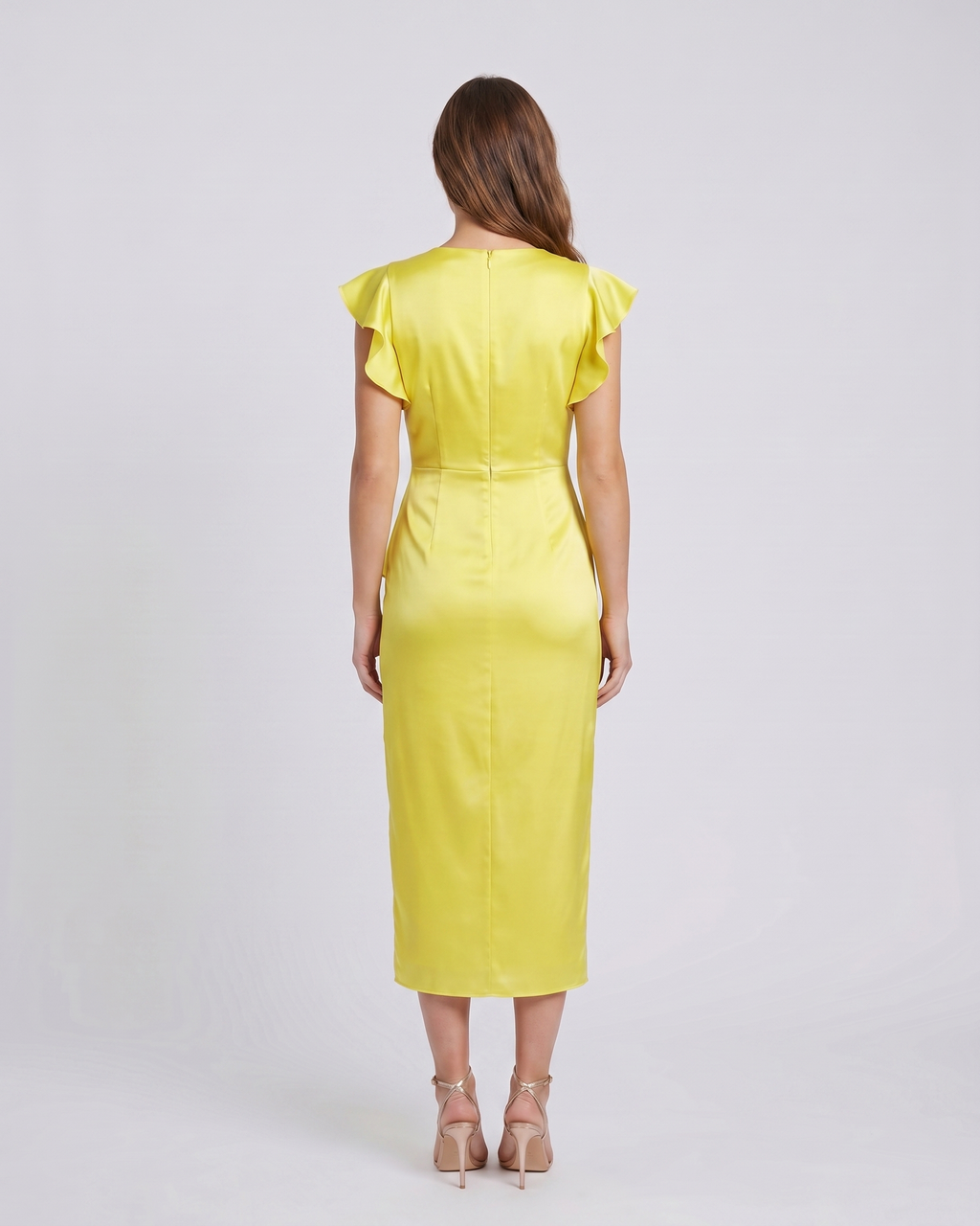Back view of yellow v neck flutter sleeve ruched midi dress showing solid back