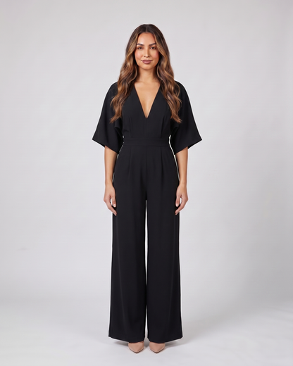 black v neck flutter sleeve wide leg jumpsuit front view