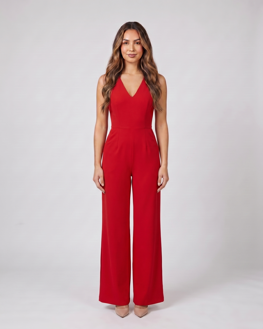 red v neck flutter sleeve wide leg jumpsuit front view