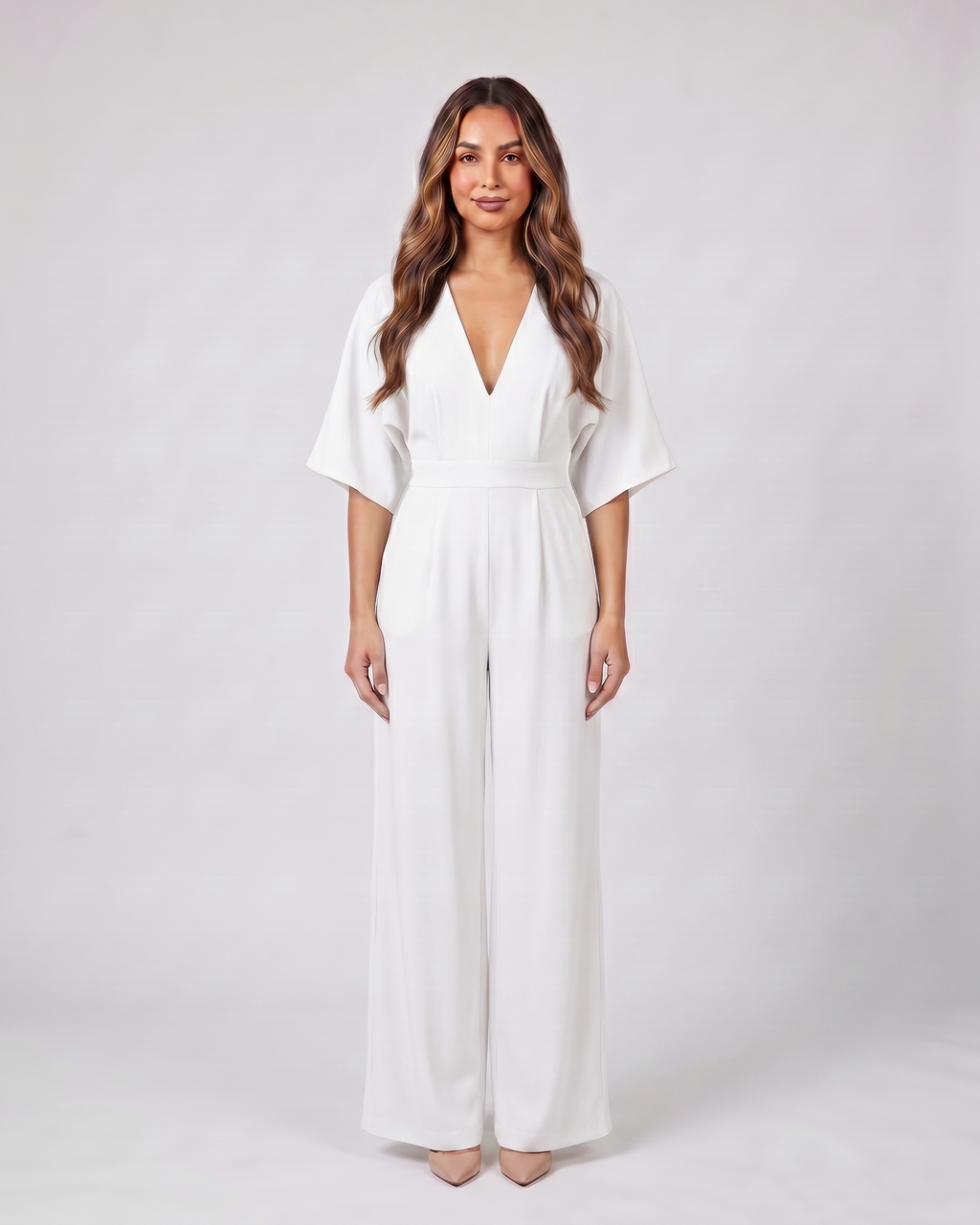 white v neck flutter sleeve wide leg jumpsuit front view