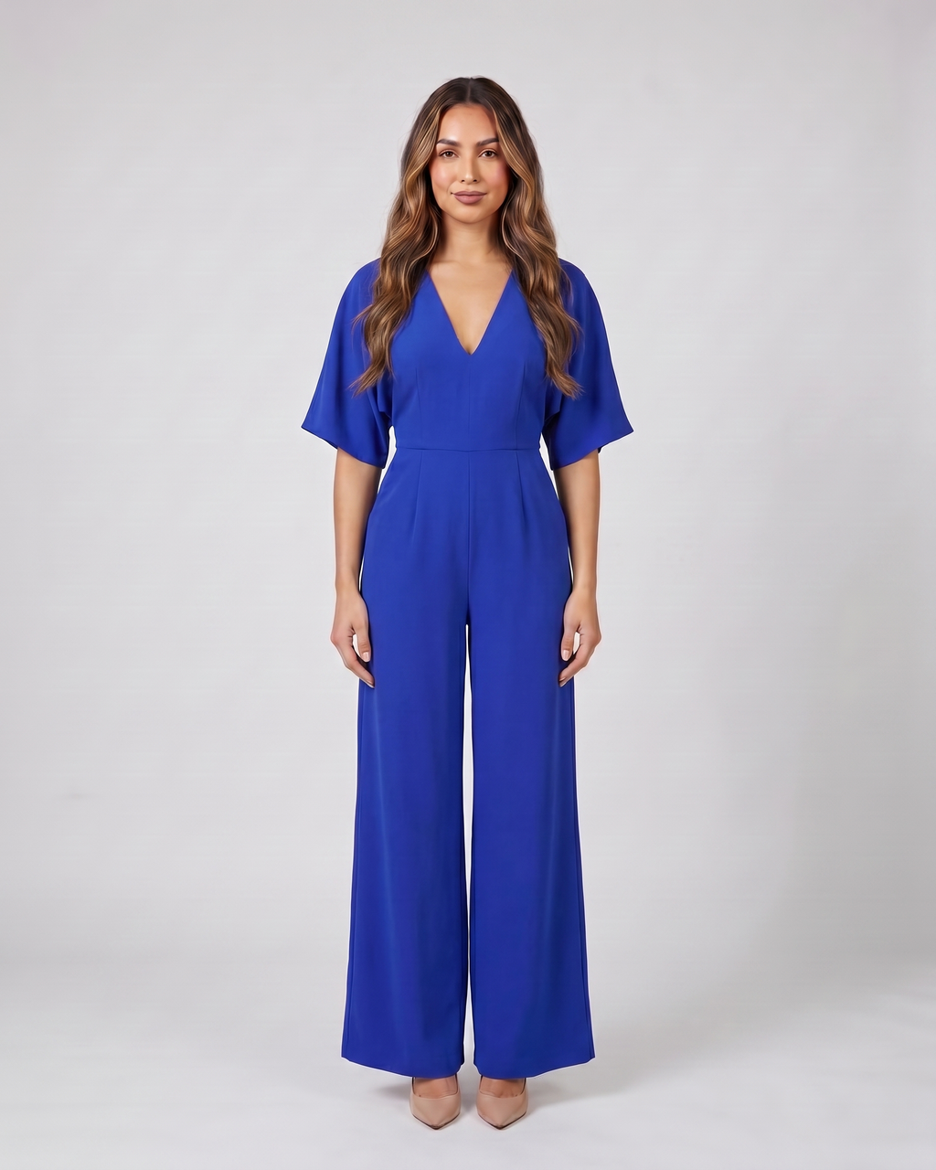 blue v neck flutter sleeve wide leg jumpsuit front view